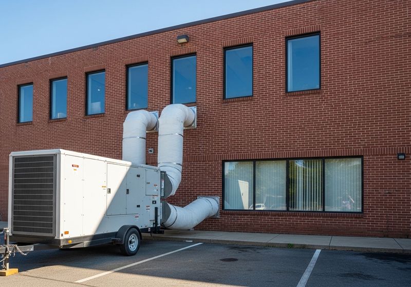 portable commercial AC unit (white or grey) sits on a small trailer