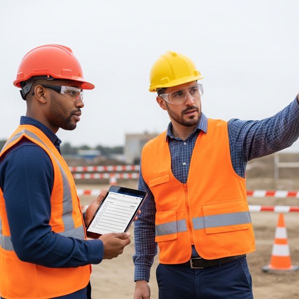 2 men —wearing hard hats, safety glasses, and unbranded business-casual safety attire