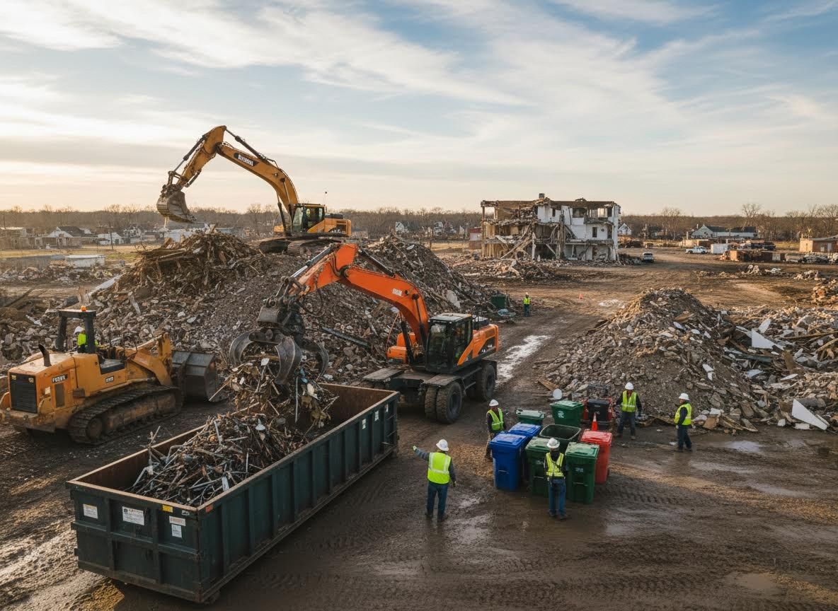 Demolition Site with Heavy Equipment and Workers Sorting Debris