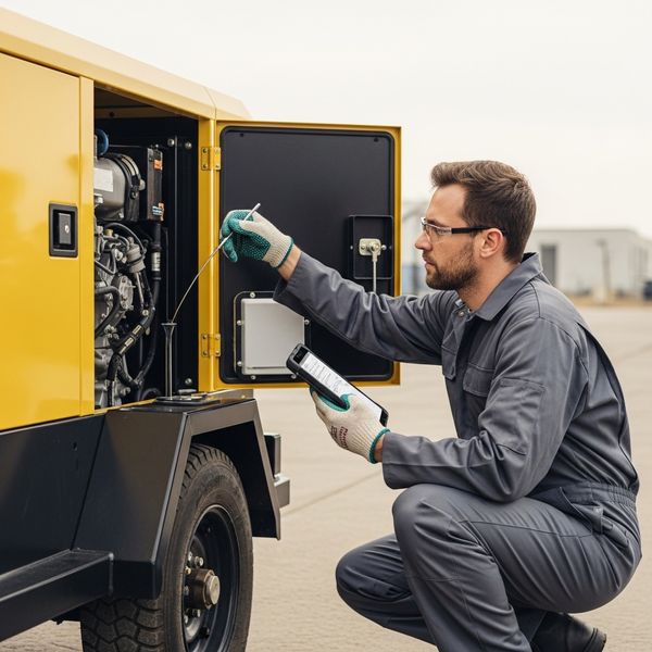 heavy-equipment technician, wearing unbranded work coveralls, safety gloves, and glasses, is crouching beside a large, mobile industrial portable generator
