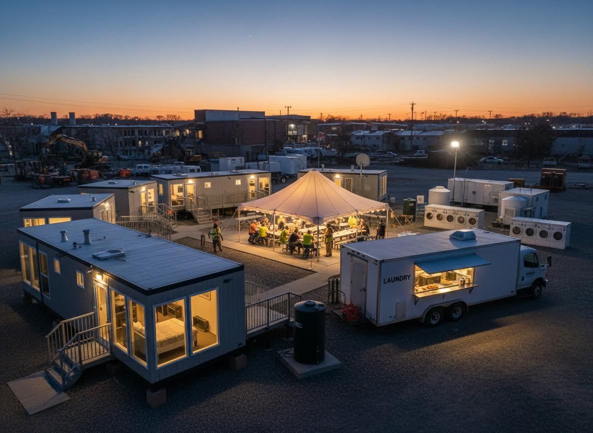 Temporary worker camp with dining tent and modular housing at dusk