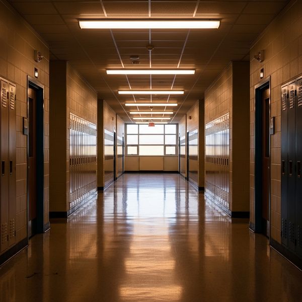 lights that are on in a school hallway