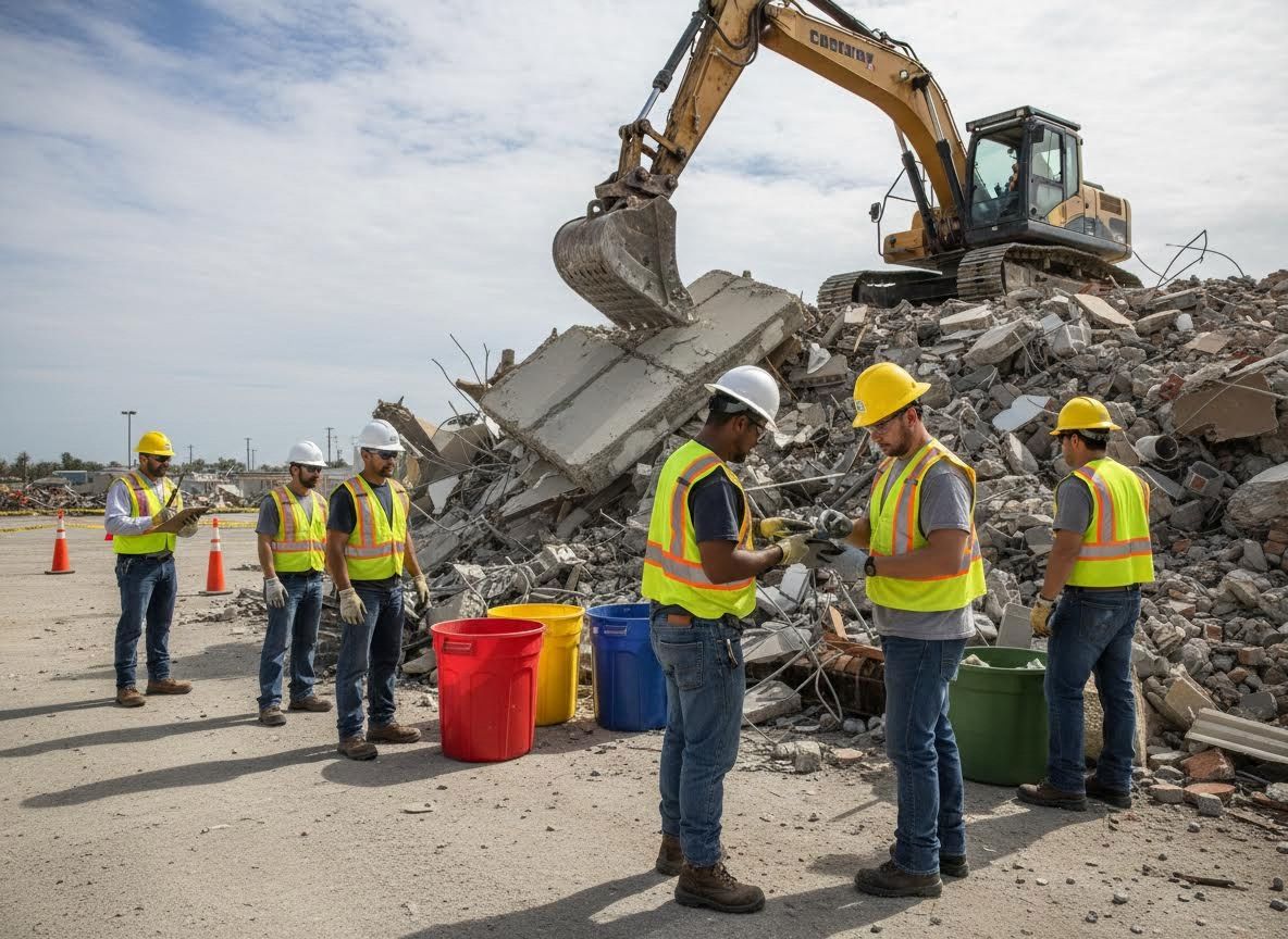 Construction Workers and Excavator at Demolition Site
