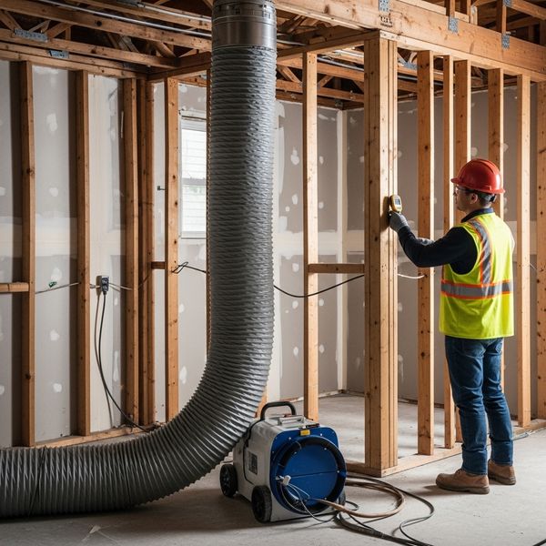 A large, flexible, grey air duct from a temporary HVAC system is positioned in the center, actively blowing air across the floor and walls.