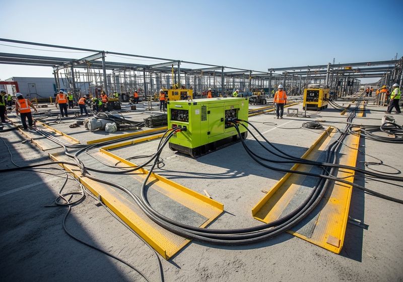 large-scale outdoor construction site, captured with natural, clear daylight. In the mid-ground, a clean, unbranded portable industrial diesel generator