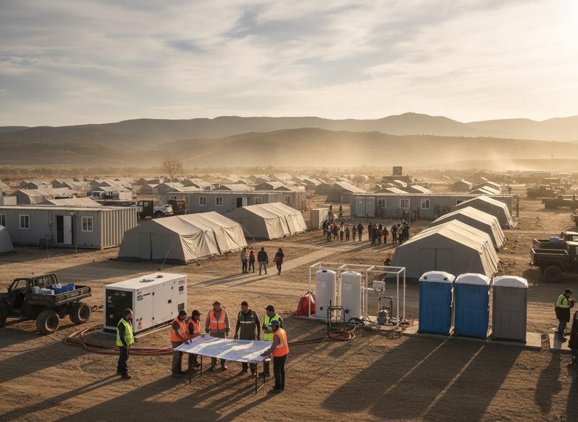 Temporary Camp with Workers Reviewing Plans at Sunrise