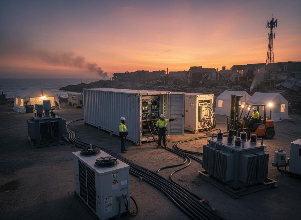 Emergency Power Restoration in Disaster Zone at Sunset