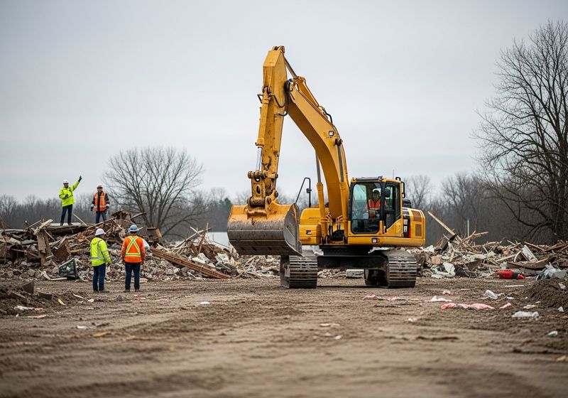 disaster recovery site on an overcast day. In the middle ground, a clean, yellow heavy excavator,