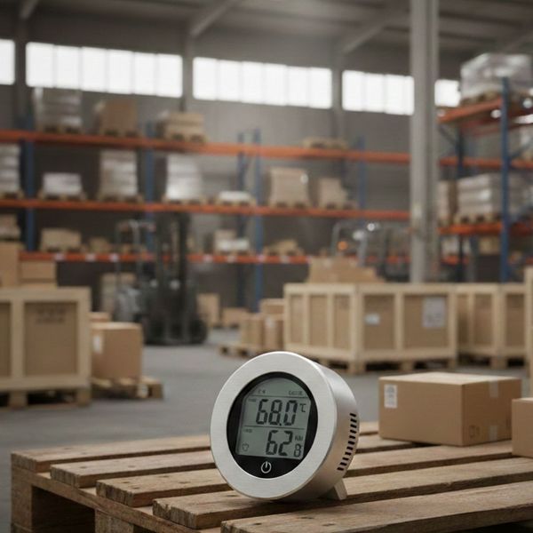 close up of a humidity hygrometer in a warehouse