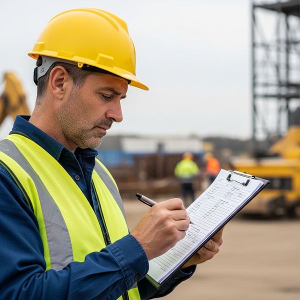man in a hard hat filling out paperwork on a clipboard