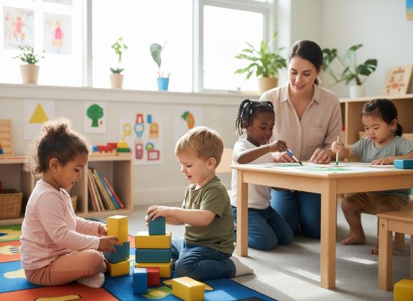 A teacher supervises two diverse preschoolers painting at a table while two other diverse children play with colorful blocks on a rug. Diverse preschoolers engaged in play and art with a teacher