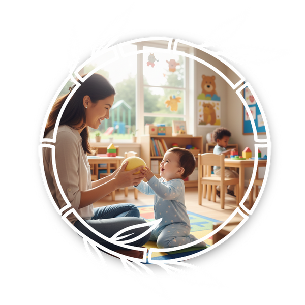 a caregiver playing with an infant in a daycare classroom