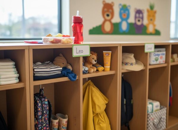 Individual cubbies with items like folded clothes, toys, a lunchbox, water bottle, and backpack, one labeled 'Leo'. Children's cubbies in a daycare or preschool classroom