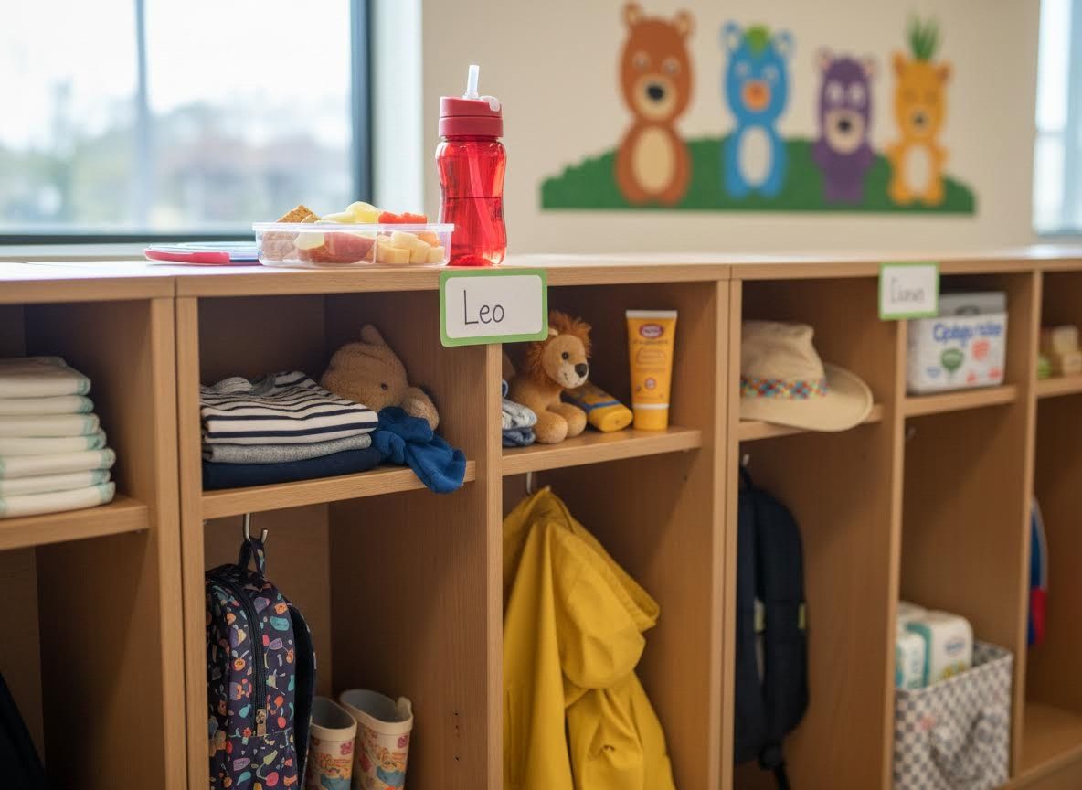 Children's cubbies in a daycare or preschool classroom