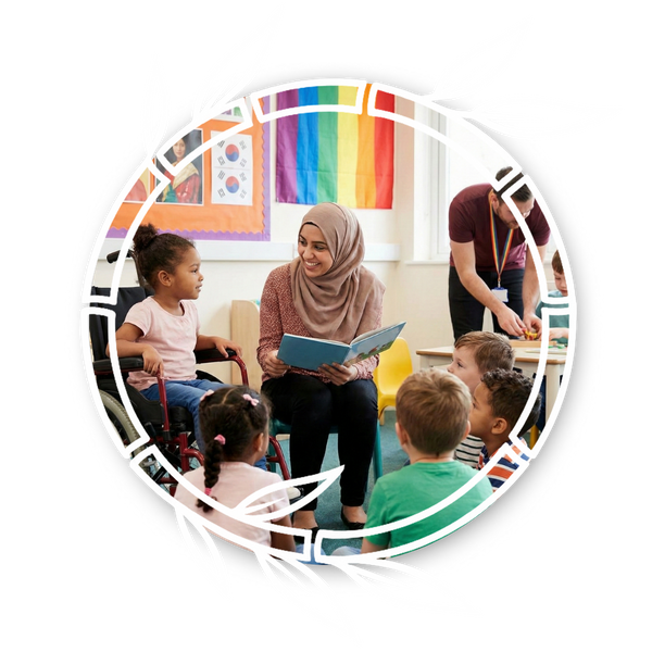A diverse group of children, including one in a wheelchair, listen to a teacher in a hijab read a book, with another teacher and a rainbow flag in the background of an inclusive classroom.