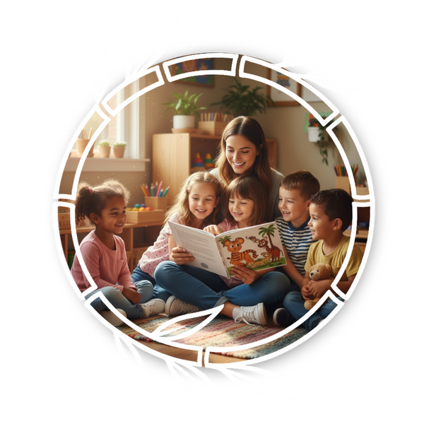 teacher reading a book to preschool student in classroom