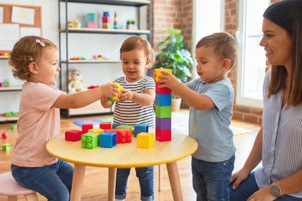 Three toddlers at Rainforest Child Care Center collaboratively build with colorful blocks at a table, supervised by a teacher. Three toddlers at Rainforest Child Care Center collaboratively build with colorful blocks at a table, supervised by a teacher.