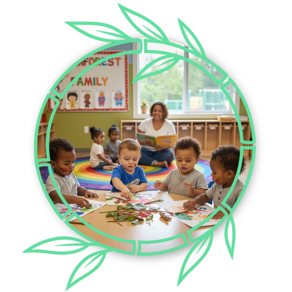 toddlers working with art supplies with teacher reading book in the background