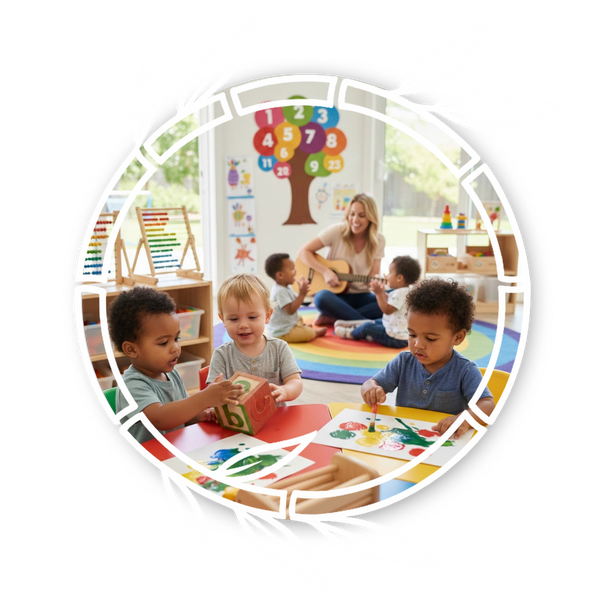 toddlers at daycare playing with toys while teacher is in the background with a guitar