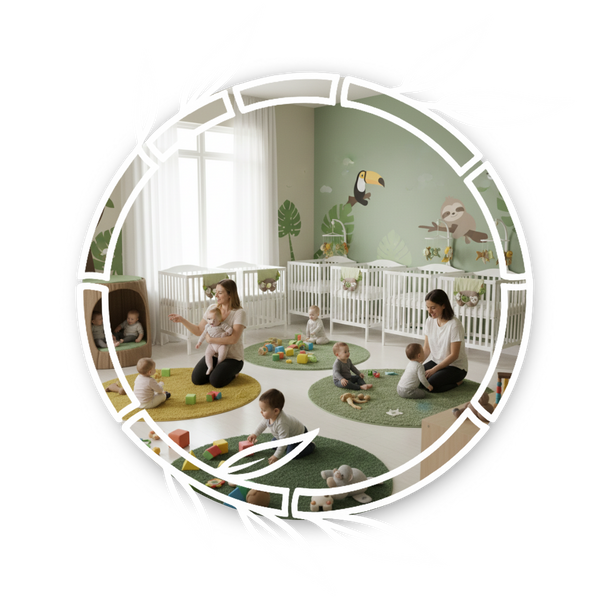 An infant classroom inspired by a rainforest theme