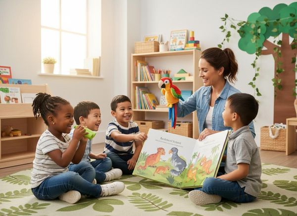 A smiling teacher reads a story from a picture book, using a colorful parrot puppet to four happy diverse young children sitting on a leaf-patterned rug in a bright classroom. Teacher reads to children with a parrot puppet