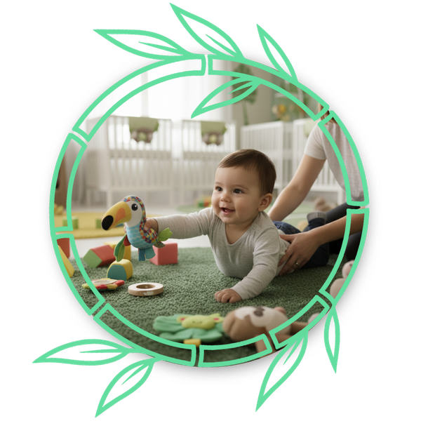 Caregiver guiding an infant during tummy time