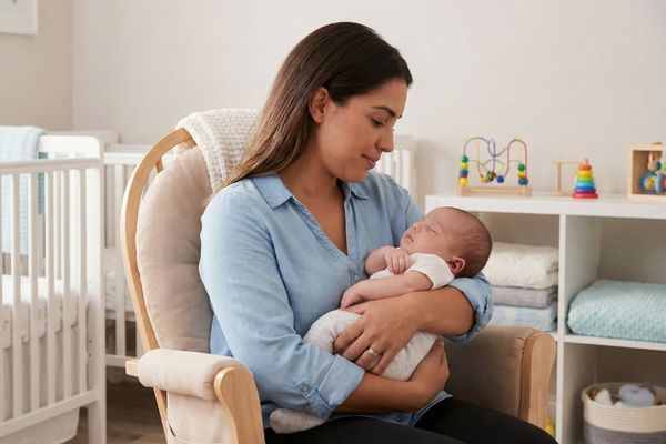 A compassionate caregiver in the Rainforest Child Care Center infant room cuddles a sleeping baby in a rocking chair. A compassionate caregiver in the Rainforest Child Care Center infant room cuddles a sleeping baby in a rocking chair.