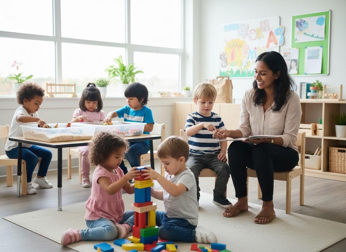 Teacher and diverse children playing and learning in a bright preschool classroom