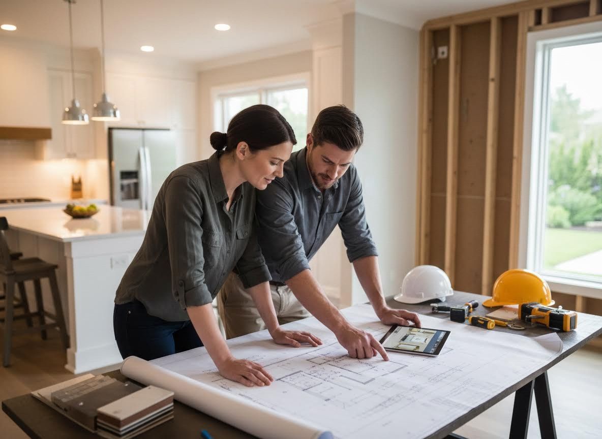 Couple or colleagues reviewing home construction plans
