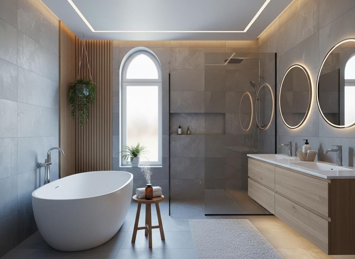 Modern Bathroom Interior with Freestanding Tub and Shower