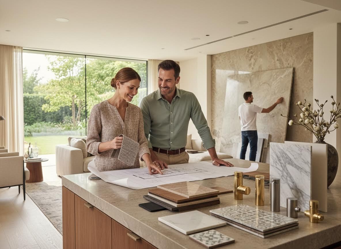 Couple planning home renovation with blueprints and material samples