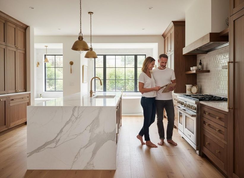 Couple reviewing a tablet in a modern kitchen with a marble island