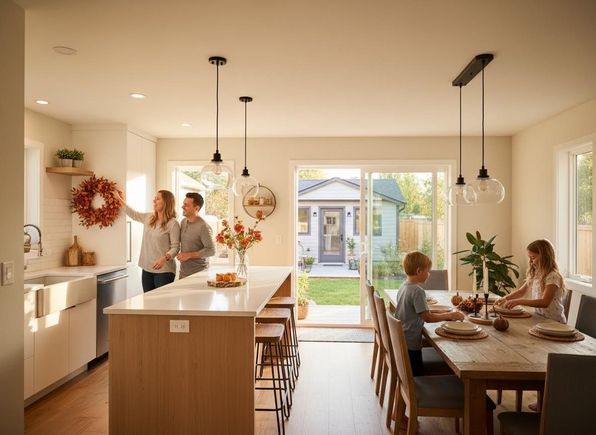 Family Decorating Modern Kitchen and Dining Area for Fall