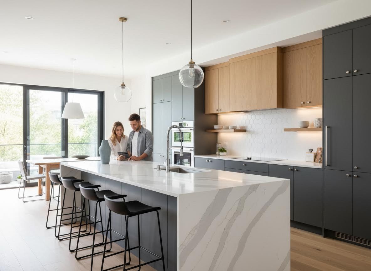 Modern Kitchen with Couple and Large Quartz Island