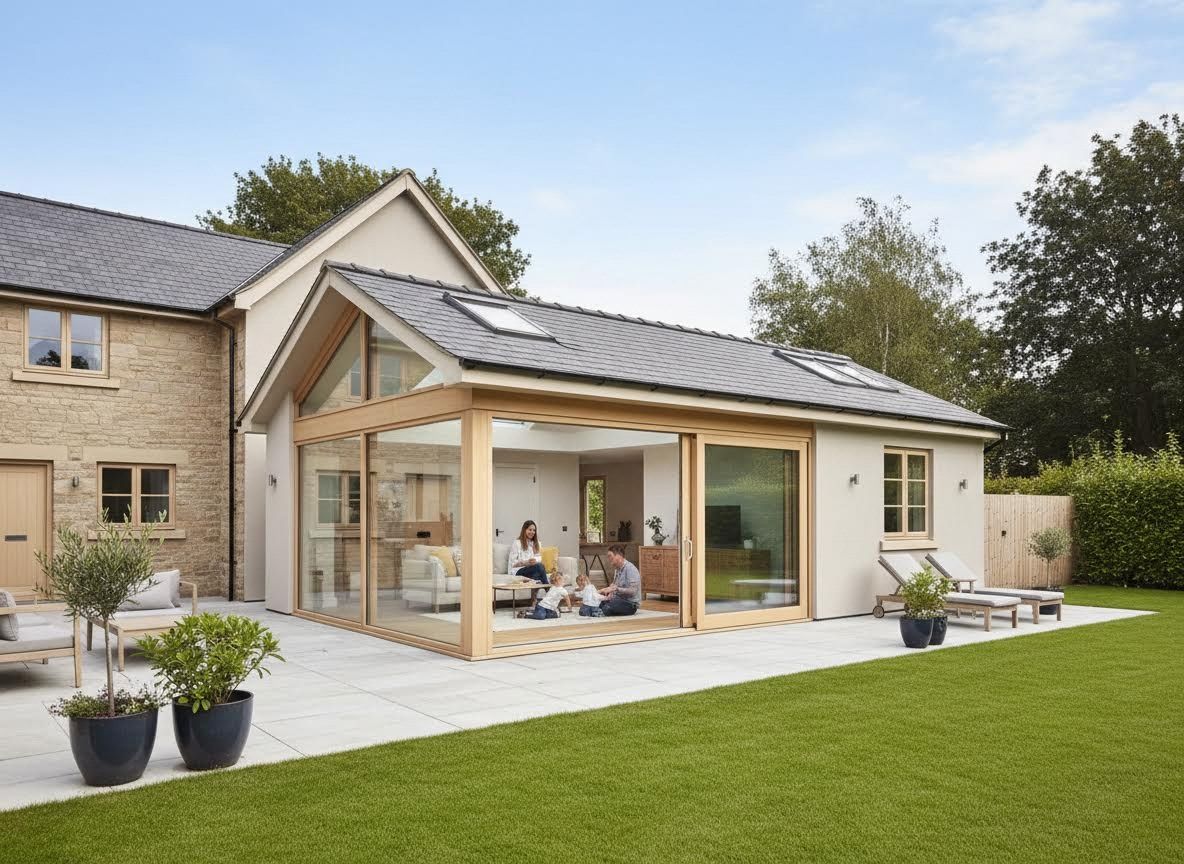 Modern House with Glass Extension and Family