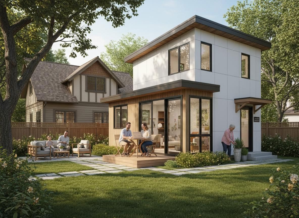 Modern ADU with Multi-Generational Family Enjoying Backyard