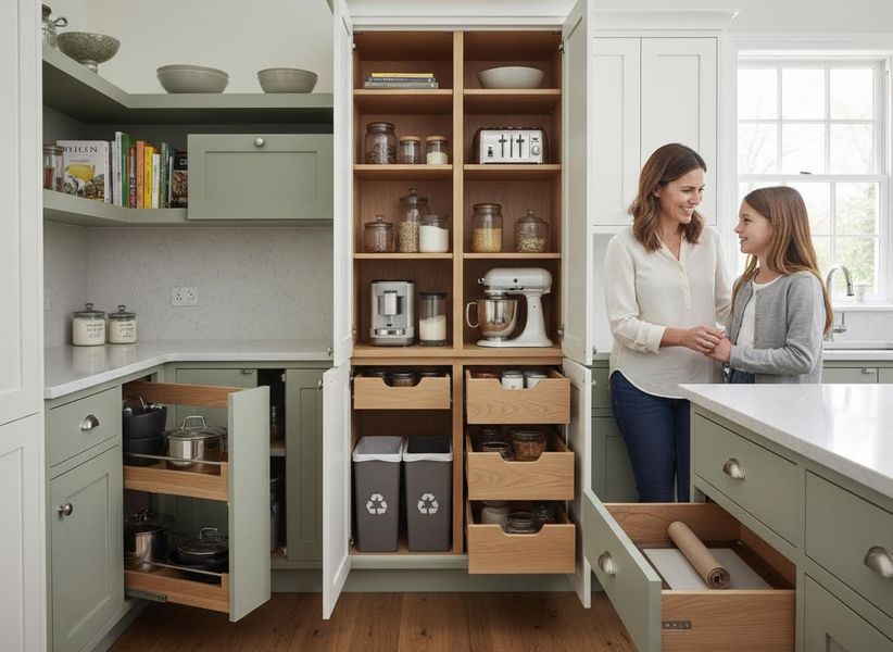 Mother and daughter in a sage green kitchen with smart storage solutions