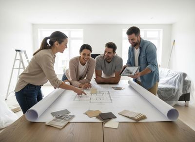 Four people discussing home renovation plans and designs