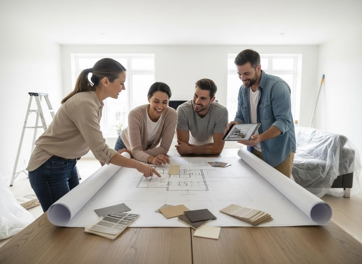 Four people discussing home renovation plans and designs