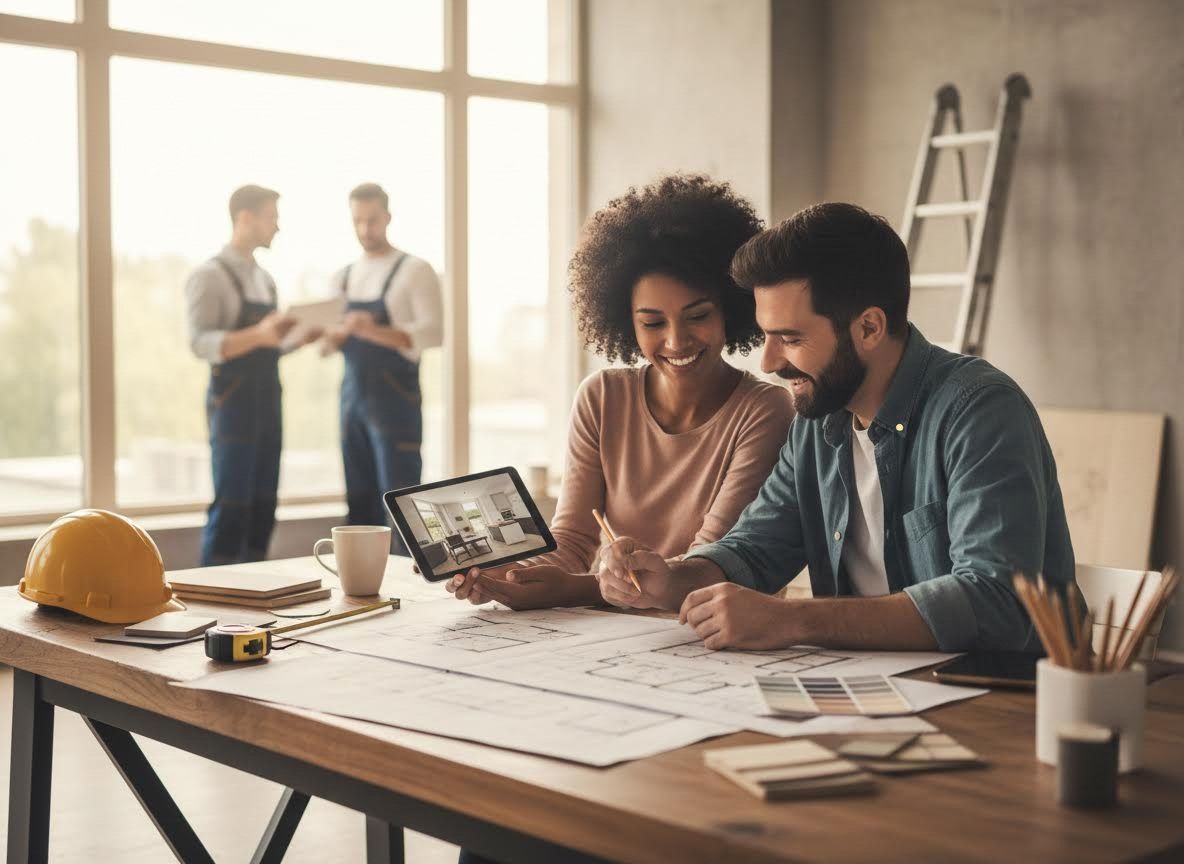 Couple Planning Home Renovation with Digital Design and Blueprints
