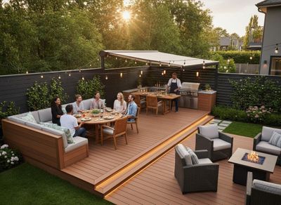 Friends enjoying an outdoor dinner party on a modern deck