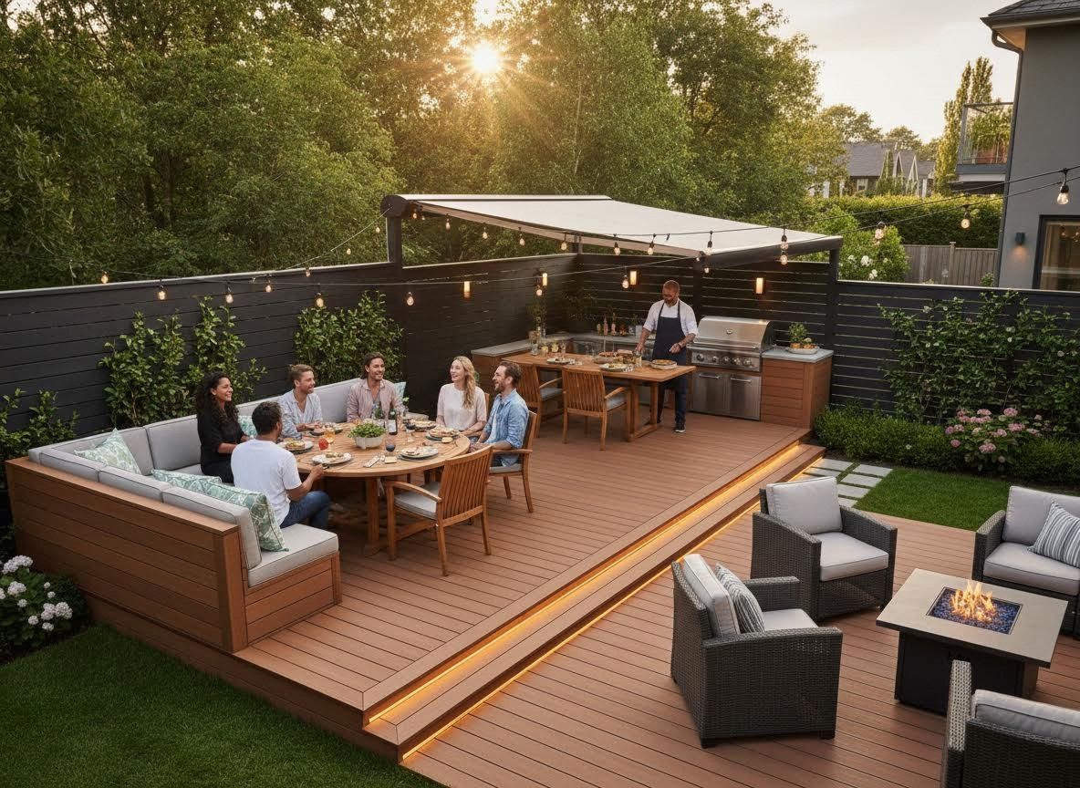 Friends enjoying an outdoor dinner party on a modern deck