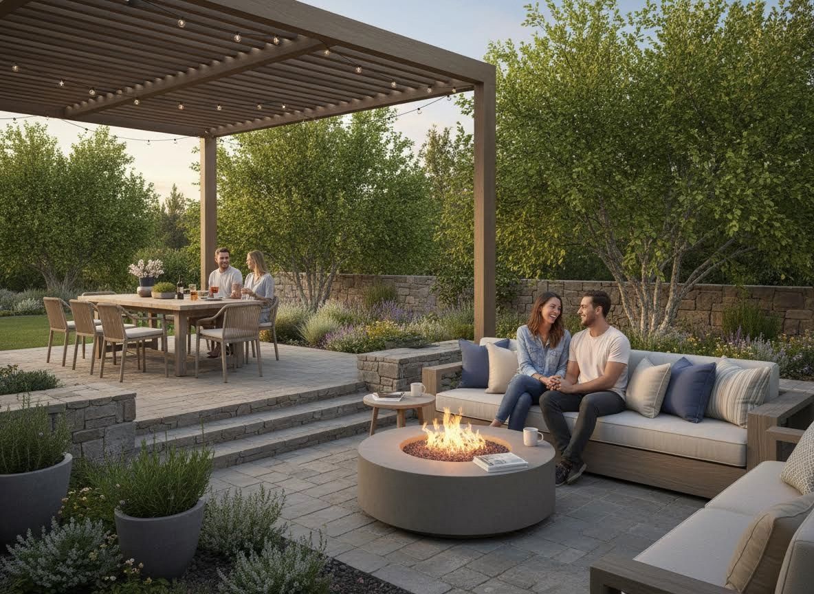 Elegant Outdoor Living Space with Pergola, Fire Pit, and Dining Area