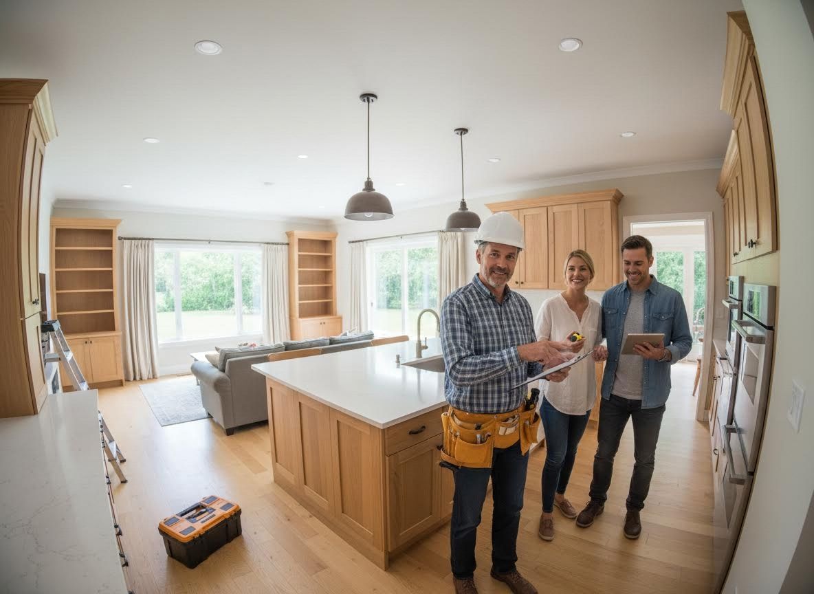 Contractor and couple in newly renovated kitchen
