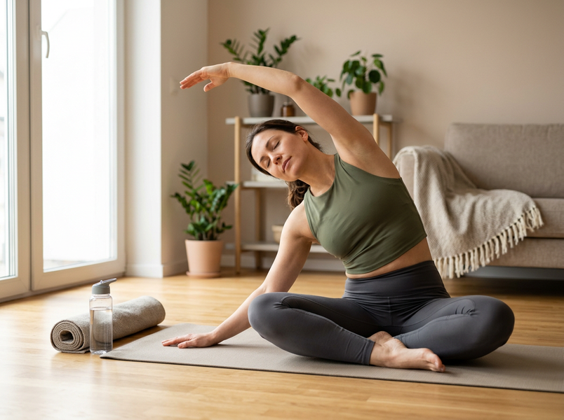 Woman Practicing Yoga Side Bend Stretch at Home