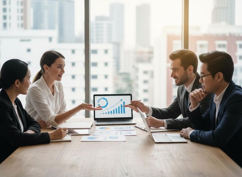 Four professionals collaborate, reviewing growth charts and data on a laptop during a meeting in a bright office. Business Team Analyzing Growth Charts