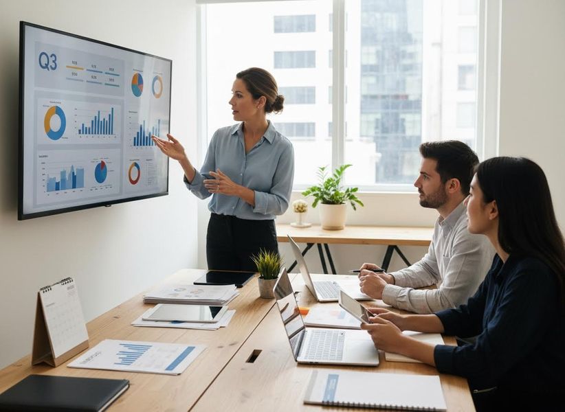 A professional woman uses a large screen to present Q3 business data, charts, and graphs to two colleagues during a meeting in a modern office. Businesswoman Presenting Q3 Data Visualization