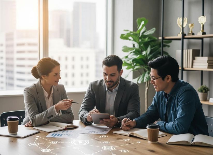 Three diverse colleagues discuss strategy in a modern office, using a tablet and notes, with digital connection overlays on the table. Business professionals collaborating in a modern office