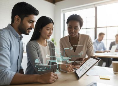 Diverse business team analyzing financial options on a tablet