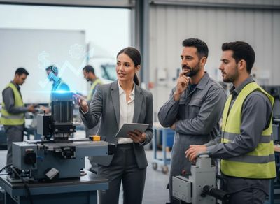 Businesswoman and factory workers discussing industrial growth